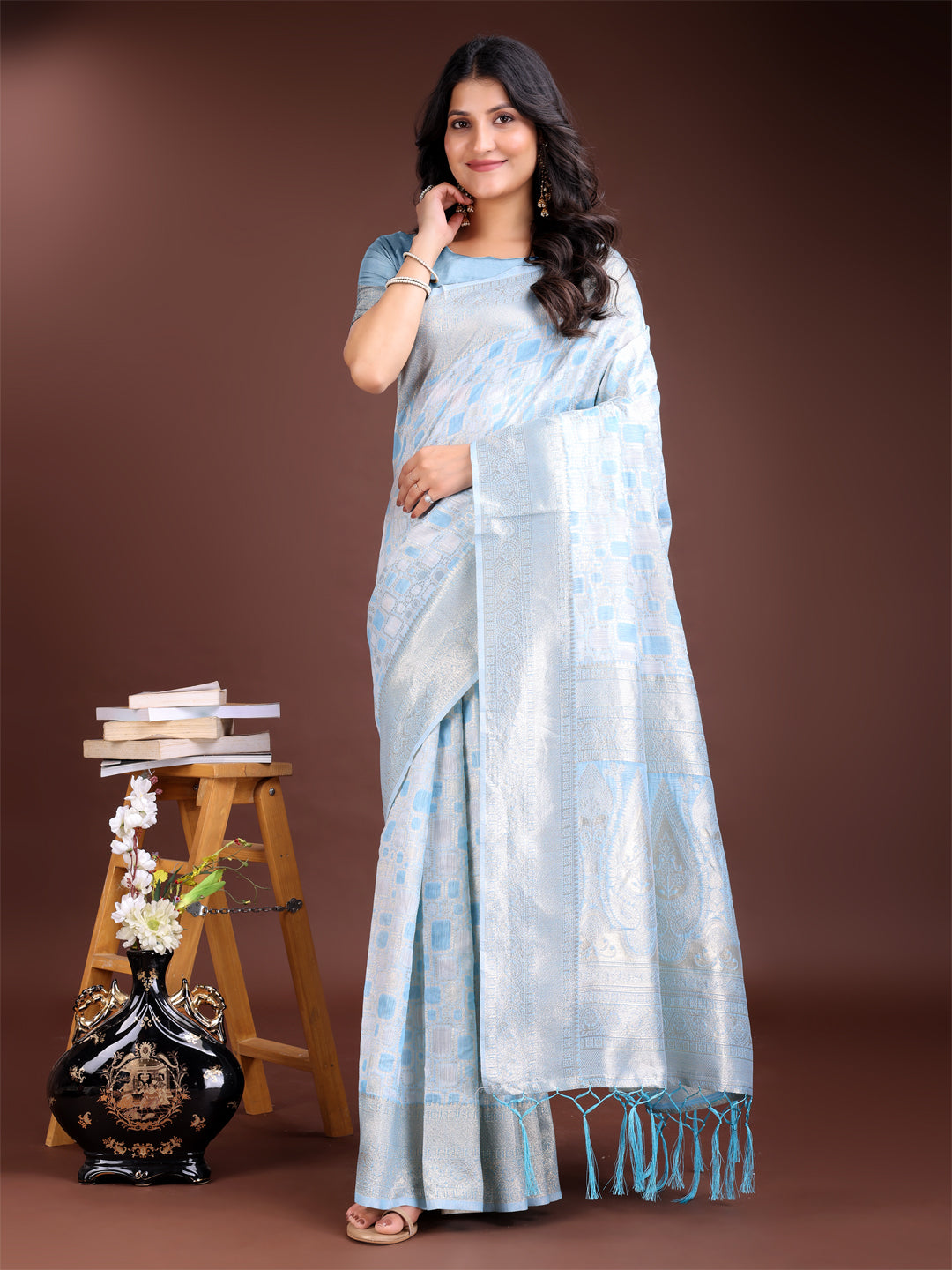 Astita Sky Blue Linen Cotton Saree - Elegant Simplicity for Everyday Grace - Distacart