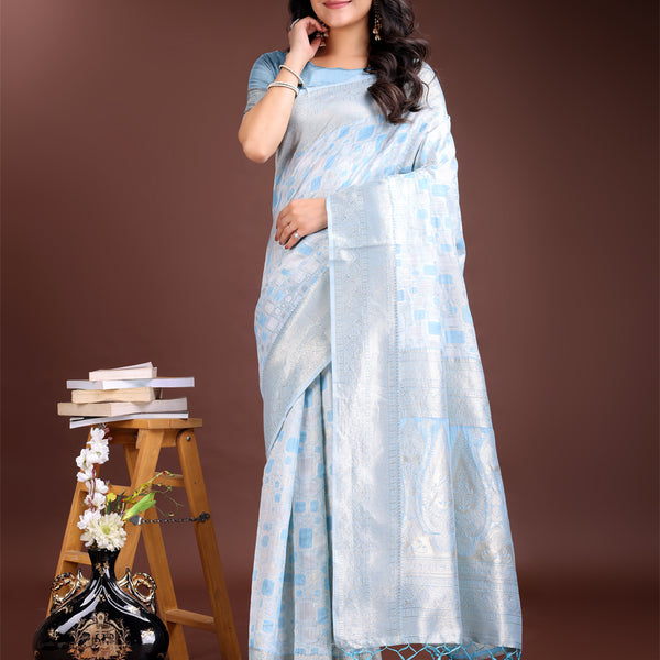 Astita Sky Blue Linen Cotton Saree - Elegant Simplicity for Everyday Grace - Distacart