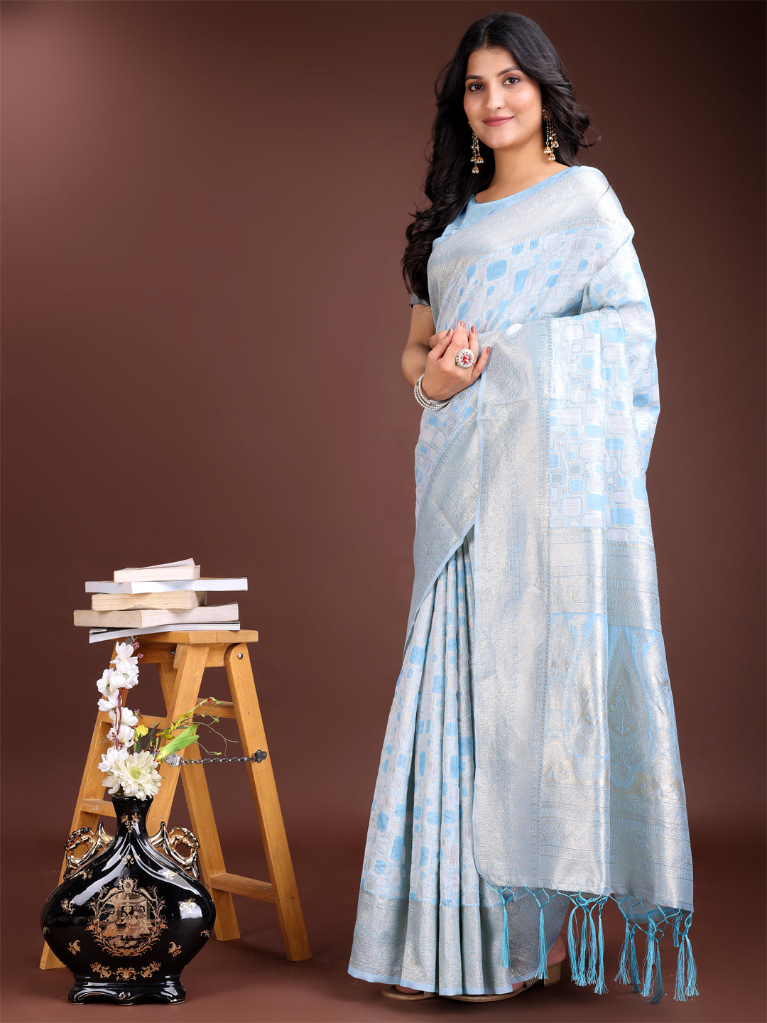 Astita Sky Blue Linen Cotton Saree - Elegant Simplicity for Everyday Grace - Distacart