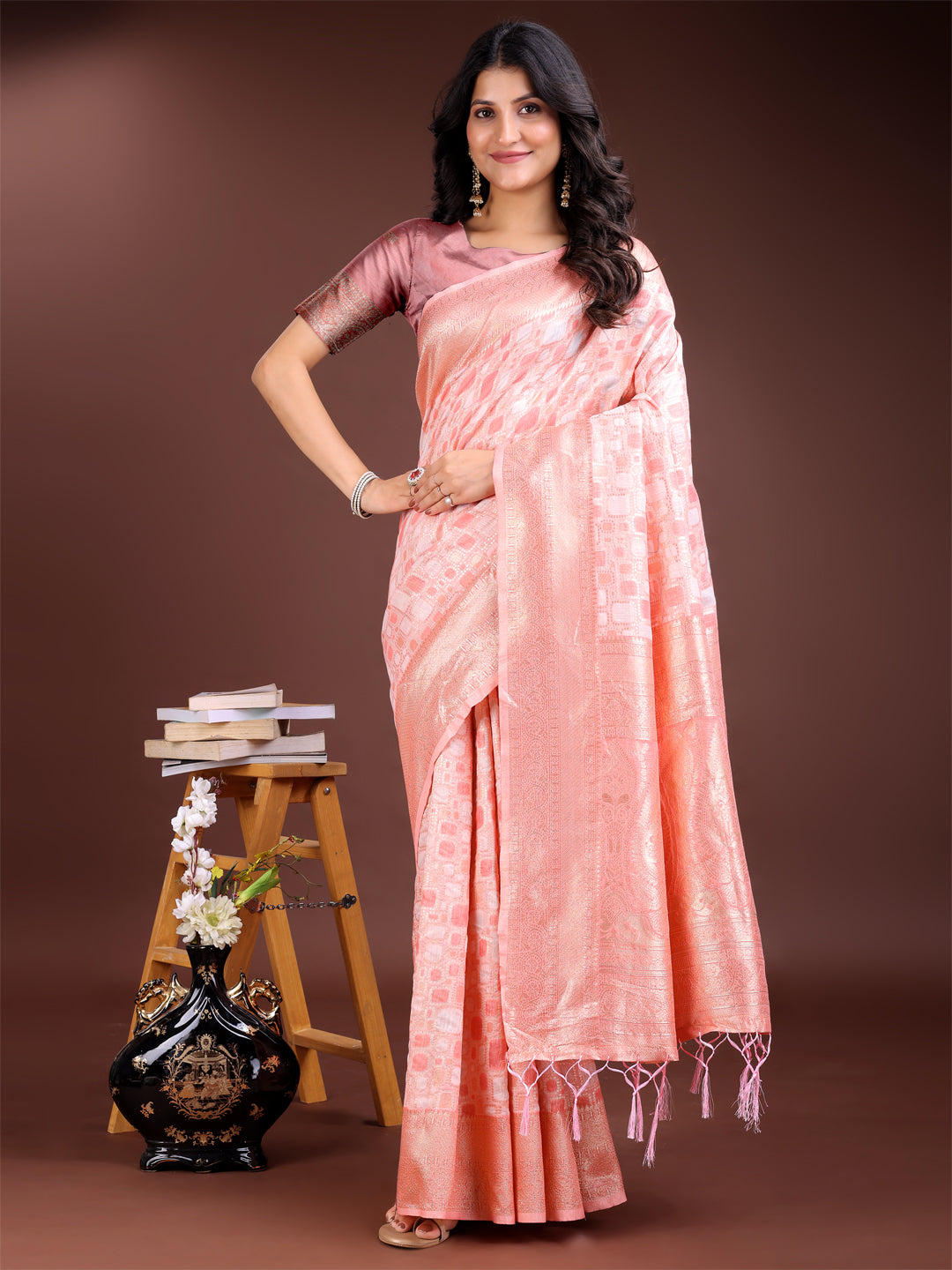 Astita Peach Linen Cotton Saree - Elegant Simplicity for Everyday Grace - Distacart