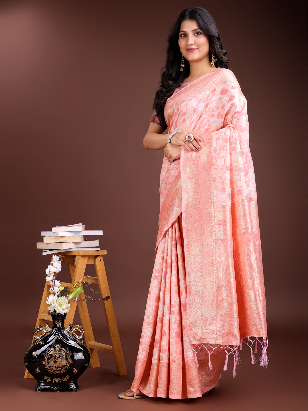 Astita Peach Linen Cotton Saree - Elegant Simplicity for Everyday Grace - Distacart