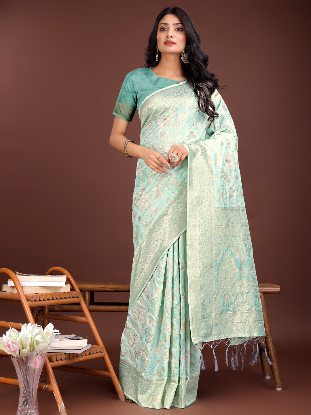Astita Elegant Sea Green Cotton Saree with Golden Zari Work - Graceful Comfort for Everyday & Festive Wear - Distacart