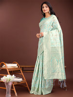 Thumbnail for Astita Elegant Sea Green Cotton Saree with Golden Zari Work - Graceful Comfort for Everyday & Festive Wear