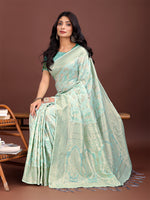Thumbnail for Astita Elegant Sea Green Cotton Saree with Golden Zari Work - Graceful Comfort for Everyday & Festive Wear