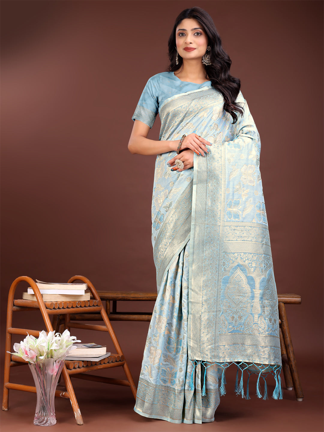 Astita Elegant Sky Blue Cotton Saree with Golden Zari Work - Graceful Comfort for Everyday & Festive Wear - Distacart