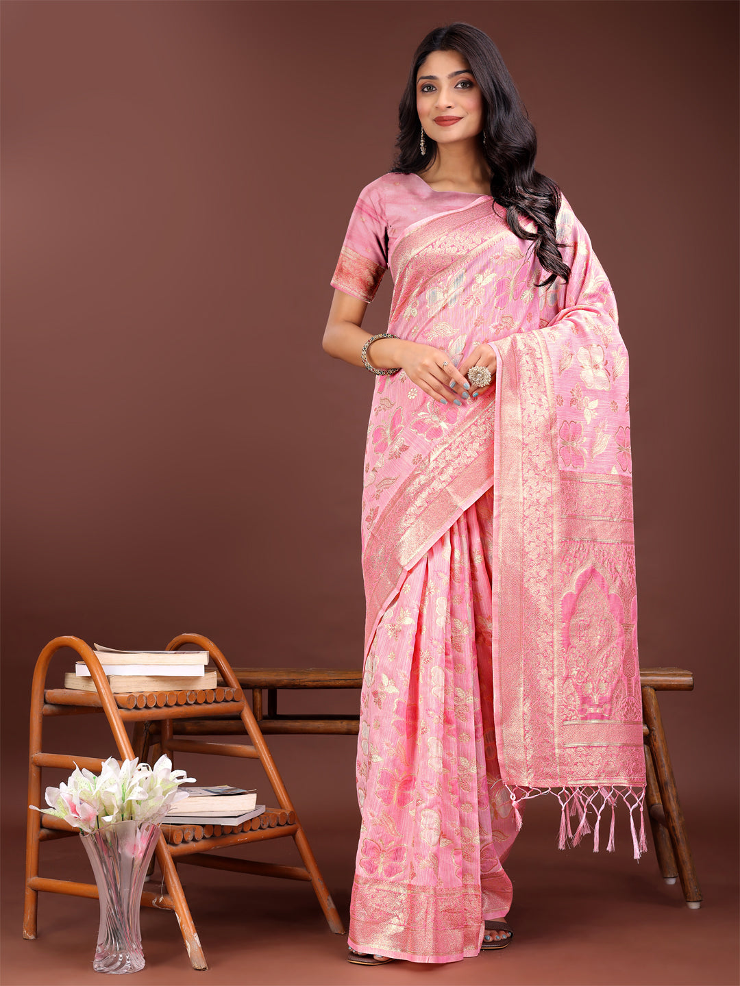 Astita Elegant Pink Cotton Saree with Golden Zari Work - Graceful Comfort for Everyday & Festive Wear - Distacart