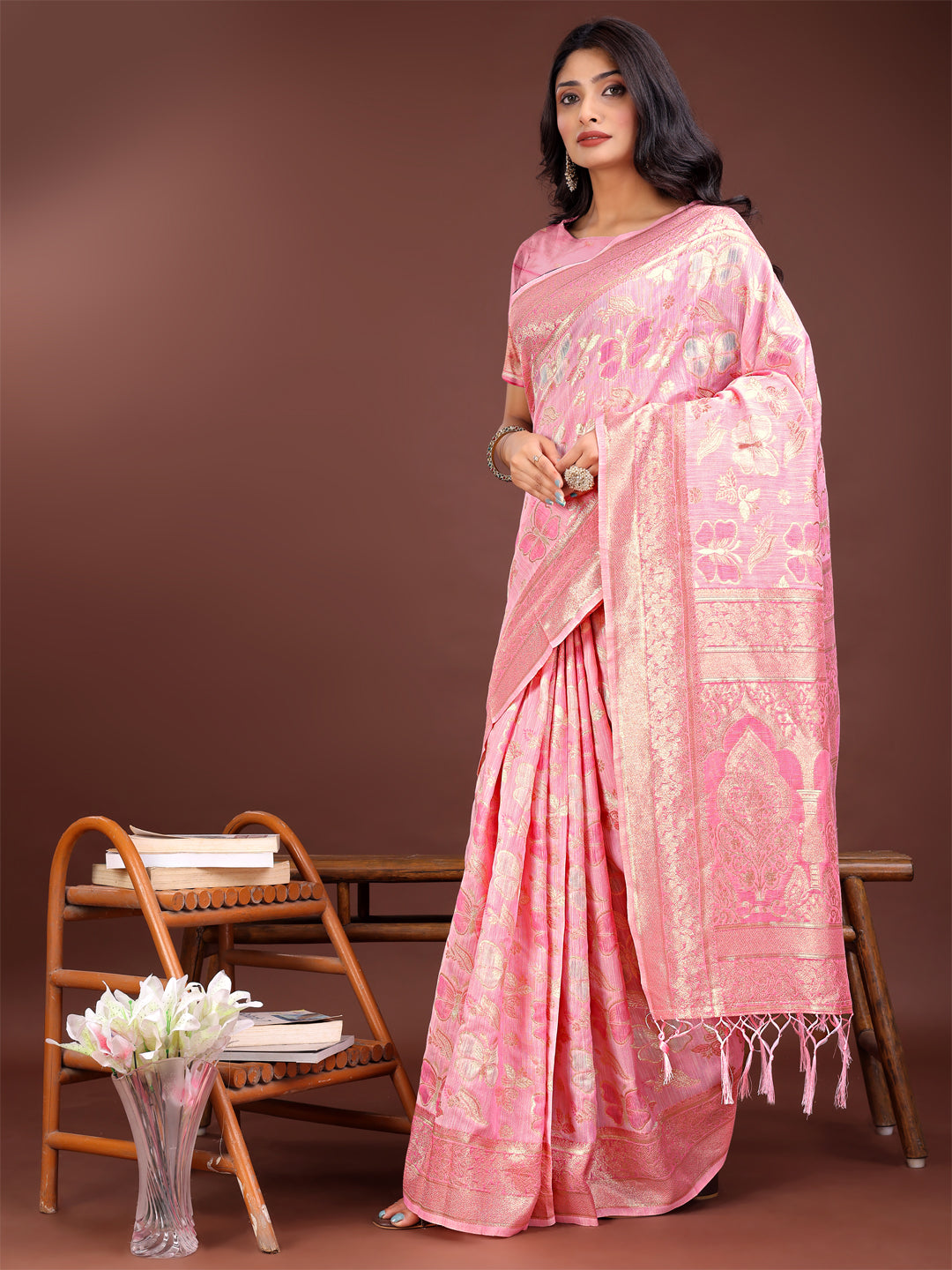 Astita Elegant Pink Cotton Saree with Golden Zari Work - Graceful Comfort for Everyday & Festive Wear - Distacart