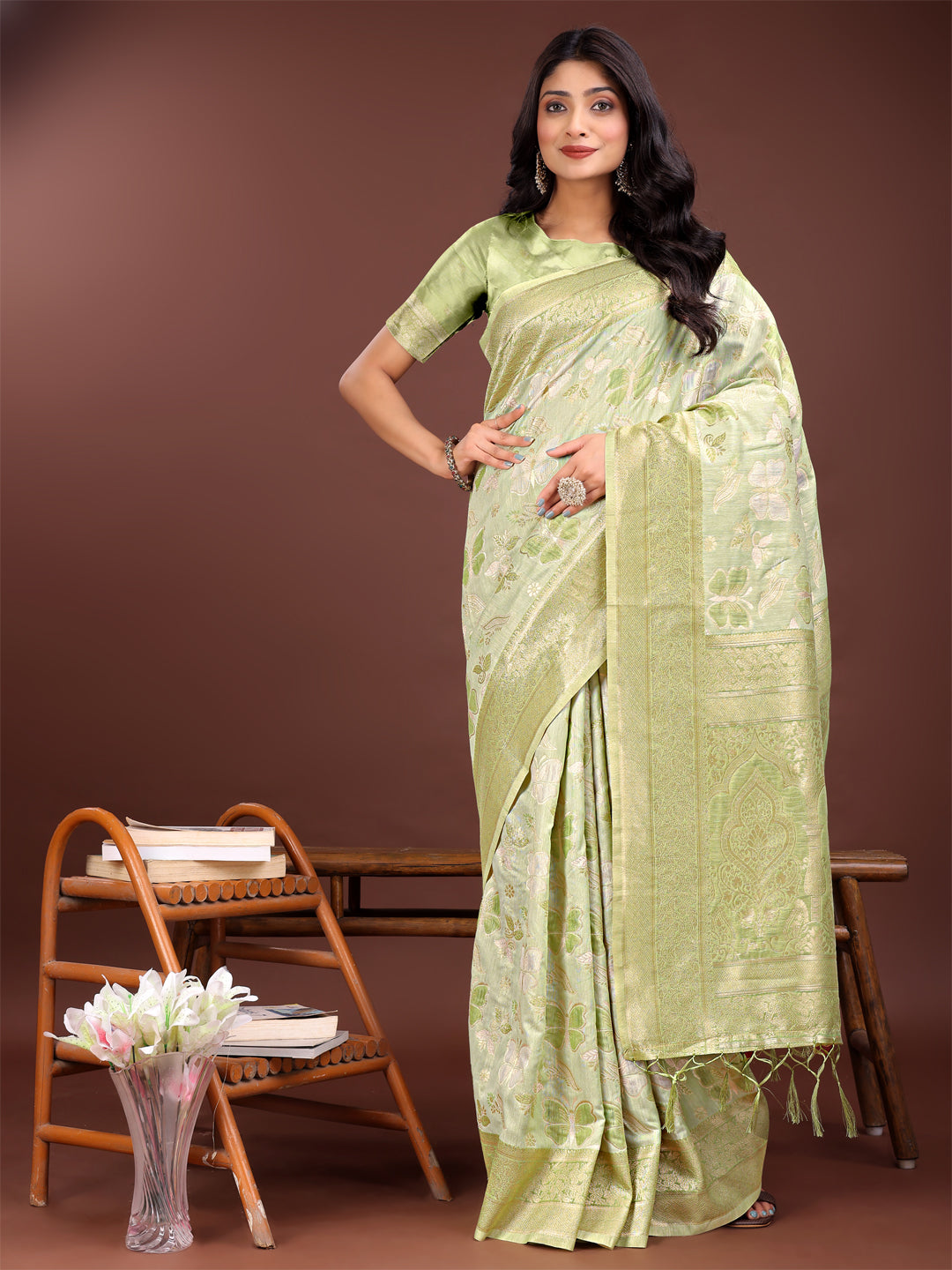 Astita Elegant Light Green Cotton Saree with Golden Zari Work - Graceful Comfort for Everyday & Festive Wear - Distacart