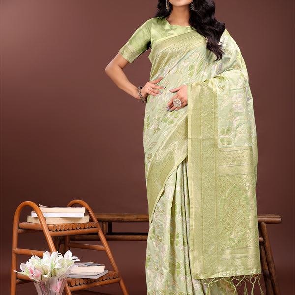 Astita Elegant Light Green Cotton Saree with Golden Zari Work - Graceful Comfort for Everyday & Festive Wear - Distacart