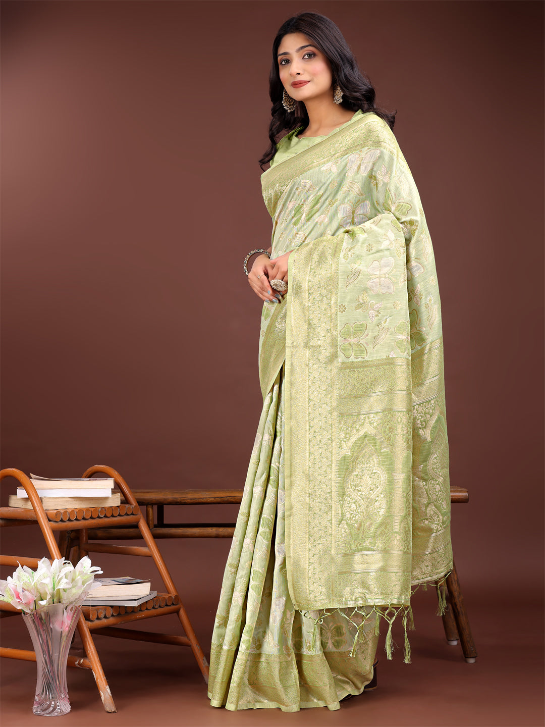Astita Elegant Light Green Cotton Saree with Golden Zari Work - Graceful Comfort for Everyday & Festive Wear - Distacart