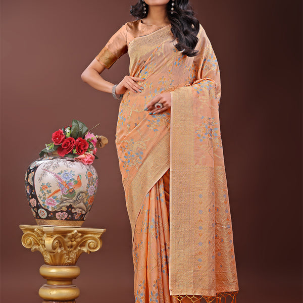 Astita Elegant Orange Linen Cotton Saree with Floral Weave & Soft Gold Pallu - Graceful Choice for Casual,Office & Festive Looks - Distacart