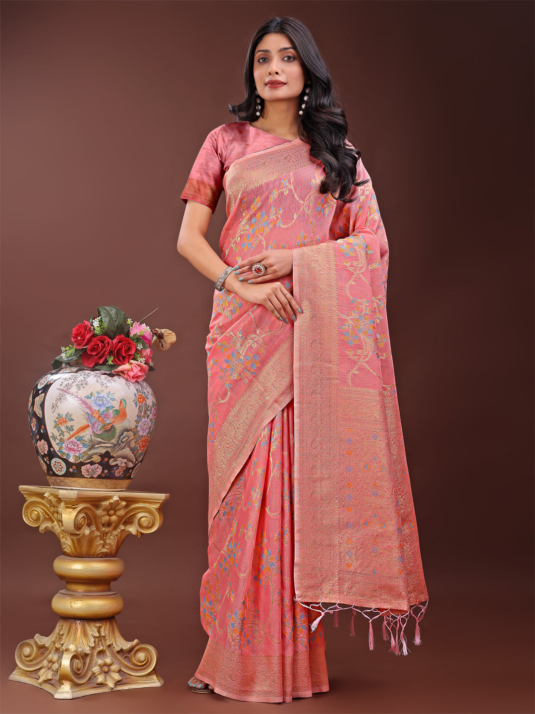 Astita Elegant Peach Linen Cotton Saree with Floral Weave & Soft Gold Pallu - Graceful Choice for Casual,Office & Festive Looks - Distacart