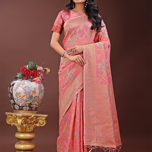 Astita Elegant Peach Linen Cotton Saree with Floral Weave & Soft Gold Pallu - Graceful Choice for Casual,Office & Festive Looks - Distacart
