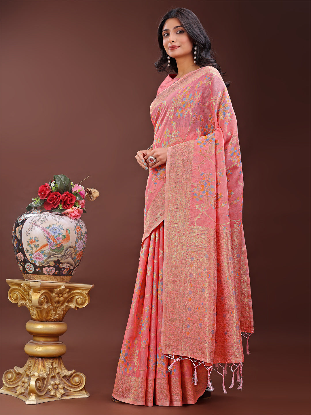 Astita Elegant Peach Linen Cotton Saree with Floral Weave & Soft Gold Pallu - Graceful Choice for Casual,Office & Festive Looks - Distacart