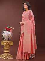 Thumbnail for Astita Elegant Peach Linen Cotton Saree with Floral Weave & Soft Gold Pallu - Graceful Choice for Casual,Office & Festive Looks - Distacart