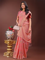 Thumbnail for Astita Elegant Peach Linen Cotton Saree with Floral Weave & Soft Gold Pallu - Graceful Choice for Casual,Office & Festive Looks - Distacart