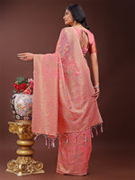 Thumbnail for Astita Elegant Peach Linen Cotton Saree with Floral Weave & Soft Gold Pallu - Graceful Choice for Casual,Office & Festive Looks - Distacart