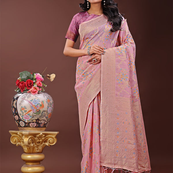 Astita Elegant Light Pink Linen Cotton Saree with Floral Weave & Soft Gold Pallu - Graceful Choice for Casual,Office & Festive Looks - Distacart