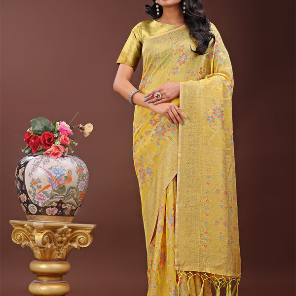 Astita Elegant Yellow Linen Cotton Saree with Floral Weave & Soft Gold Pallu - Graceful Choice for Casual,Office & Festive Looks - Distacart