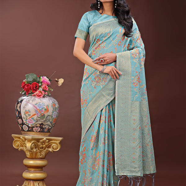 Astita Elegant Light Blue Linen Cotton Saree with Floral Weave & Soft Gold Pallu - Graceful Choice for Casual,Office & Festive Looks - Distacart