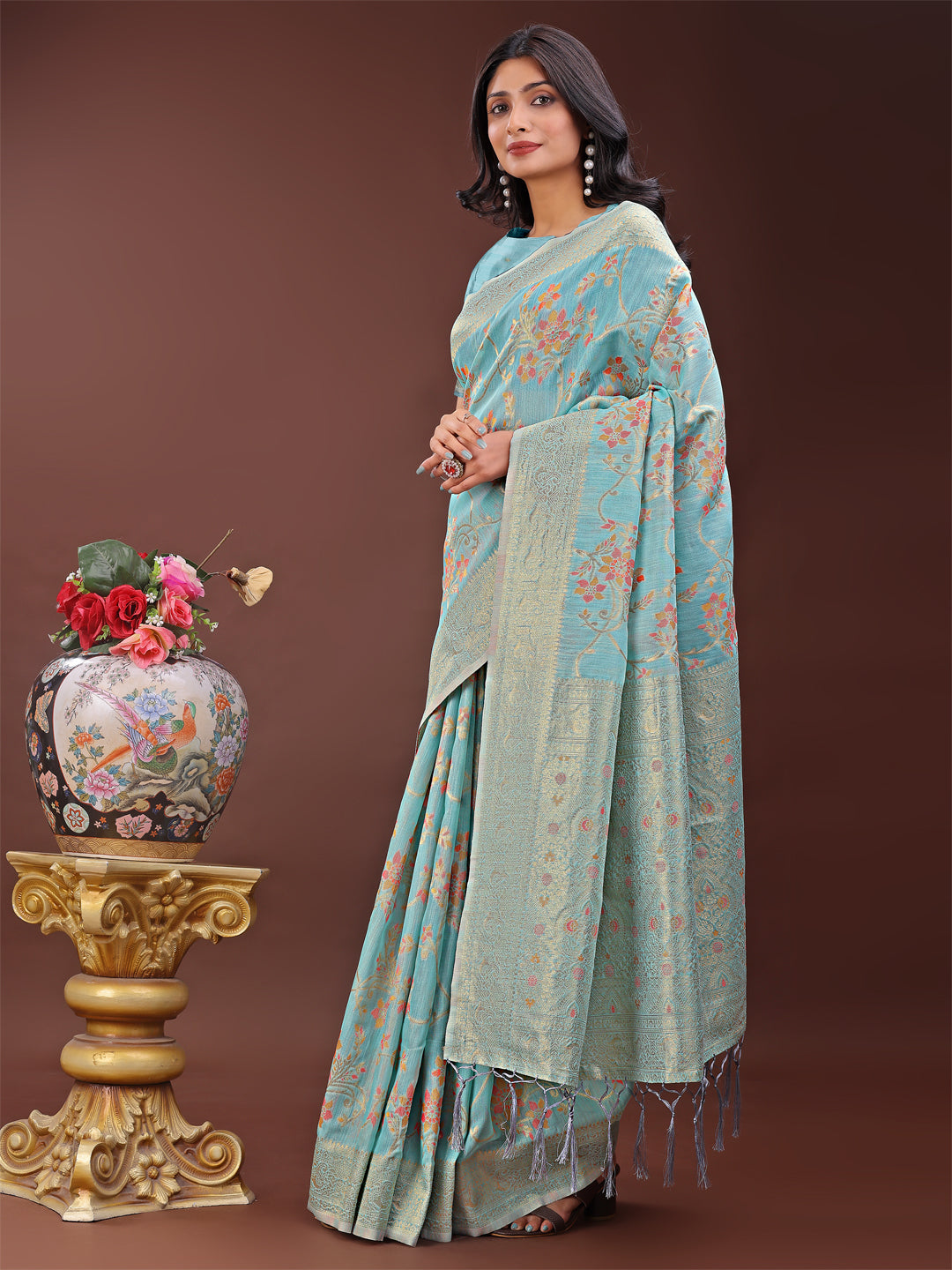 Astita Elegant Light Blue Linen Cotton Saree with Floral Weave & Soft Gold Pallu - Graceful Choice for Casual,Office & Festive Looks - Distacart