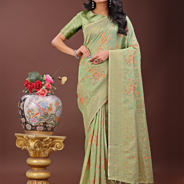 Astita Elegant Light Green Linen Cotton Saree with Floral Weave & Soft Gold Pallu - Graceful Choice for Casual,Office & Festive Looks - Distacart