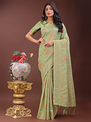 Astita Elegant Light Green Linen Cotton Saree with Floral Weave & Soft Gold Pallu - Graceful Choice for Casual,Office & Festive Looks - Distacart