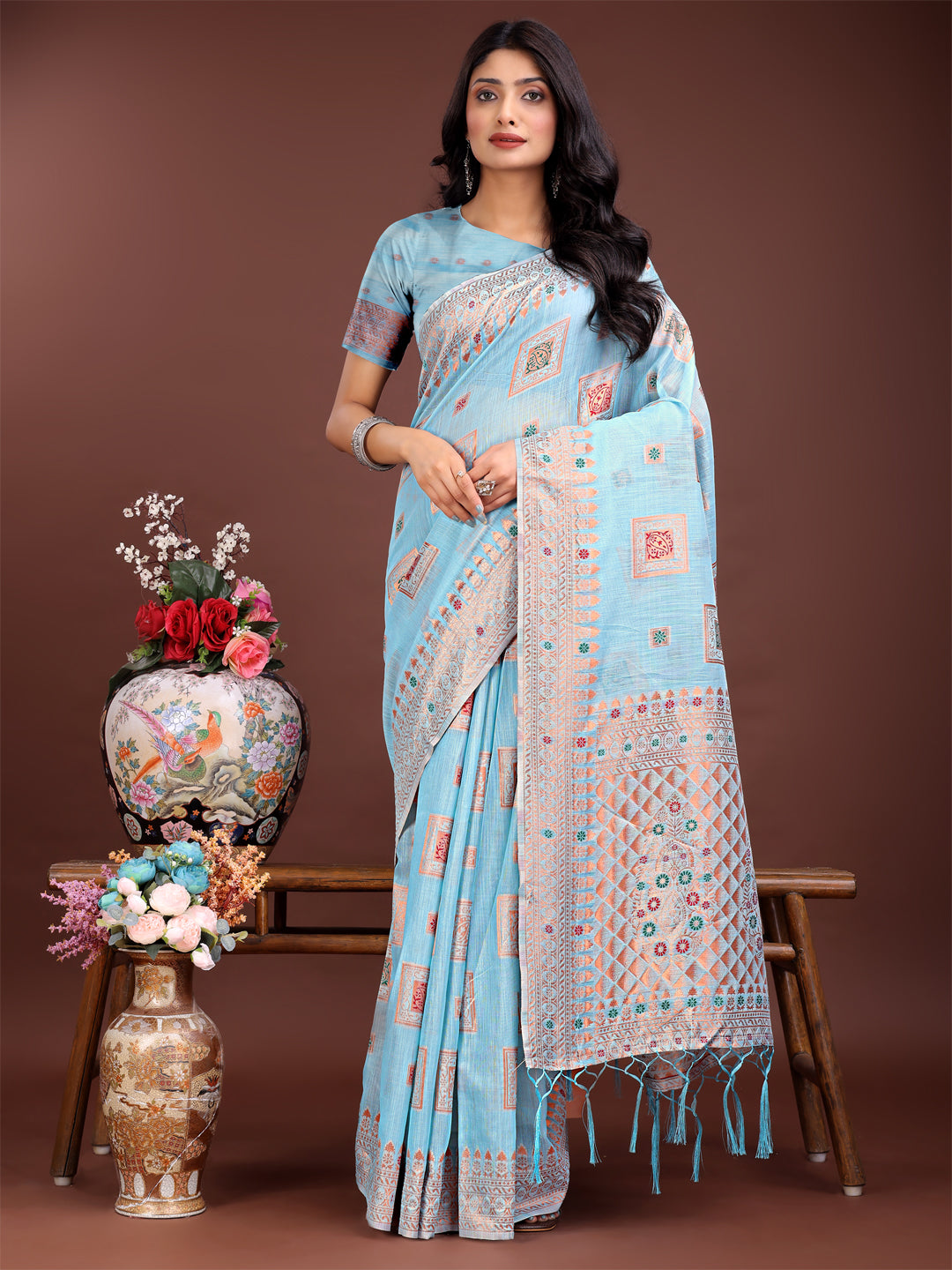 Astita Elegant Sky Blue Linen Saree with Intricate Woven Patterns - Lightweight Grace for Everyday and Festive Moments - Distacart