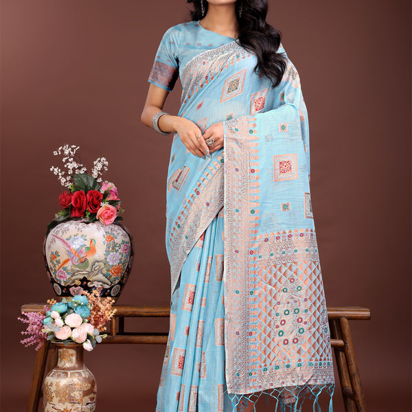 Astita Elegant Sky Blue Linen Saree with Intricate Woven Patterns - Lightweight Grace for Everyday and Festive Moments - Distacart