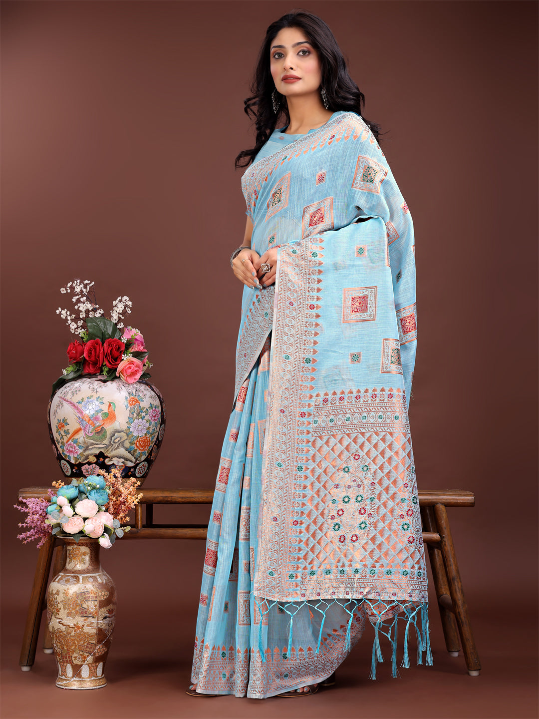Astita Elegant Sky Blue Linen Saree with Intricate Woven Patterns - Lightweight Grace for Everyday and Festive Moments - Distacart