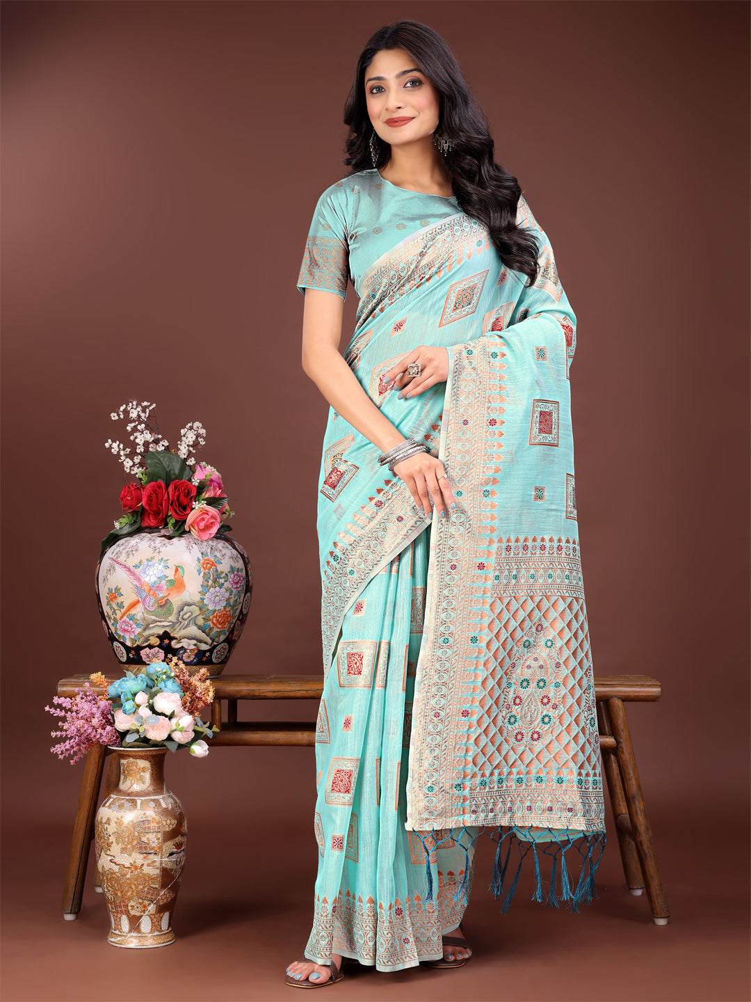 Astita Elegant Sea Green Linen Saree with Intricate Woven Patterns - Lightweight Grace for Everyday and Festive Moments - Distacart