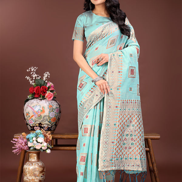 Astita Elegant Sea Green Linen Saree with Intricate Woven Patterns - Lightweight Grace for Everyday and Festive Moments - Distacart