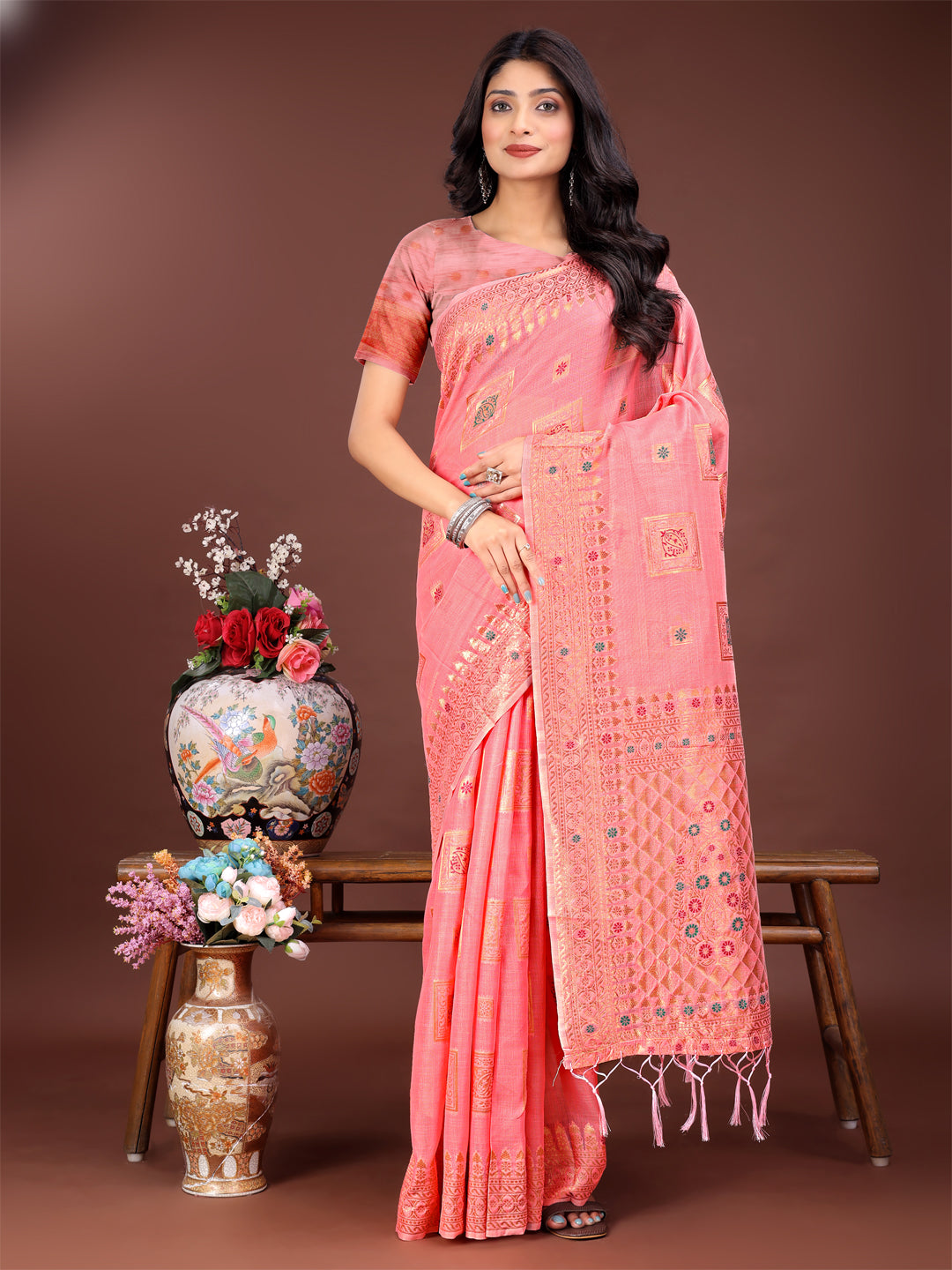 Astita Elegant Peach Linen Saree with Intricate Woven Patterns - Lightweight Grace for Everyday and Festive Moments - Distacart