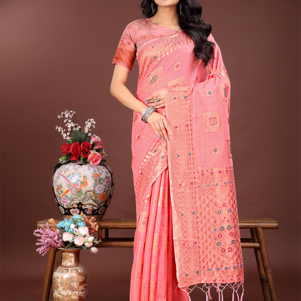 Astita Elegant Peach Linen Saree with Intricate Woven Patterns - Lightweight Grace for Everyday and Festive Moments - Distacart