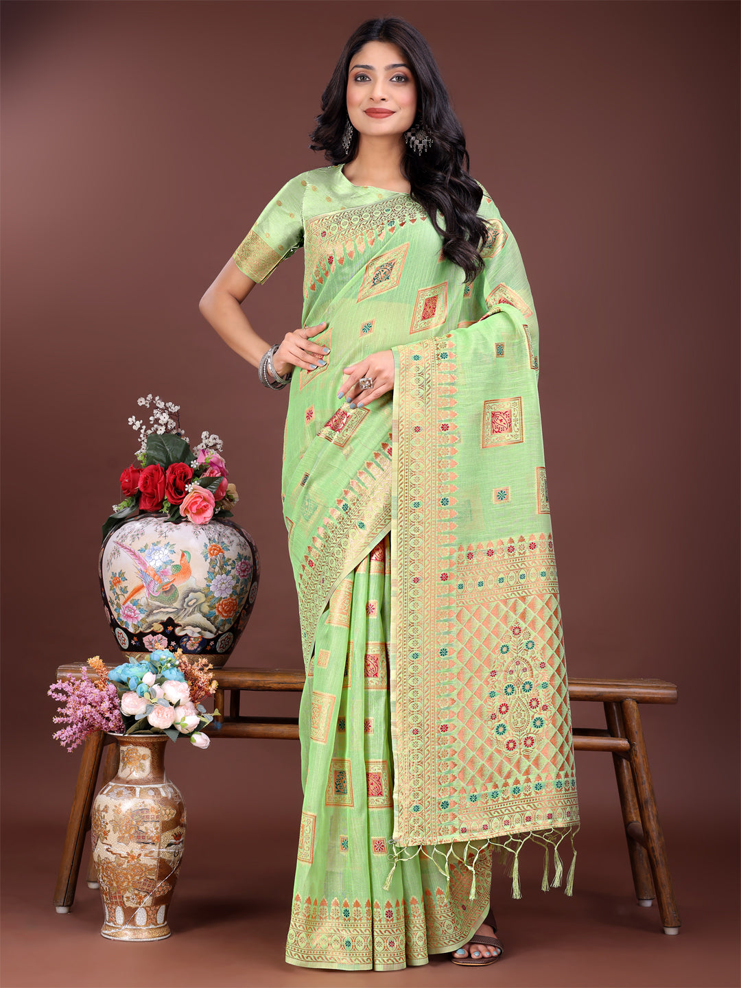 Astita Elegant Light Green Linen Saree with Intricate Woven Patterns - Lightweight Grace for Everyday and Festive Moments - Distacart