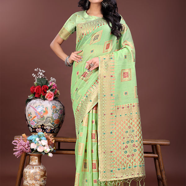 Astita Elegant Light Green Linen Saree with Intricate Woven Patterns - Lightweight Grace for Everyday and Festive Moments - Distacart