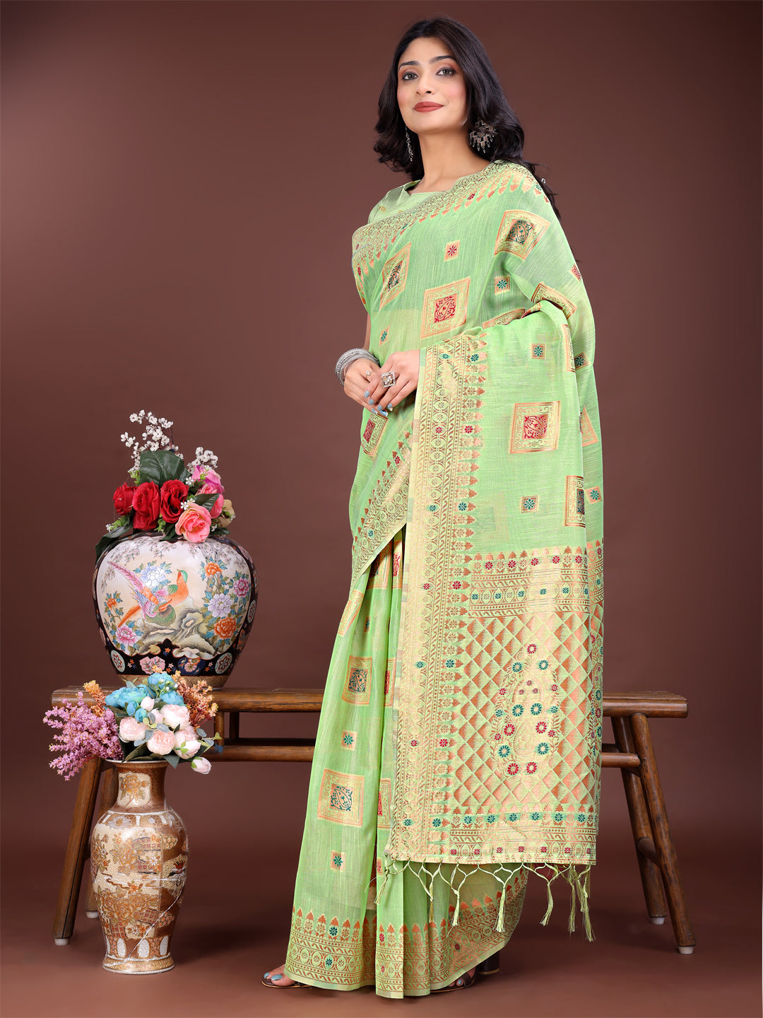 Astita Elegant Light Green Linen Saree with Intricate Woven Patterns - Lightweight Grace for Everyday and Festive Moments - Distacart