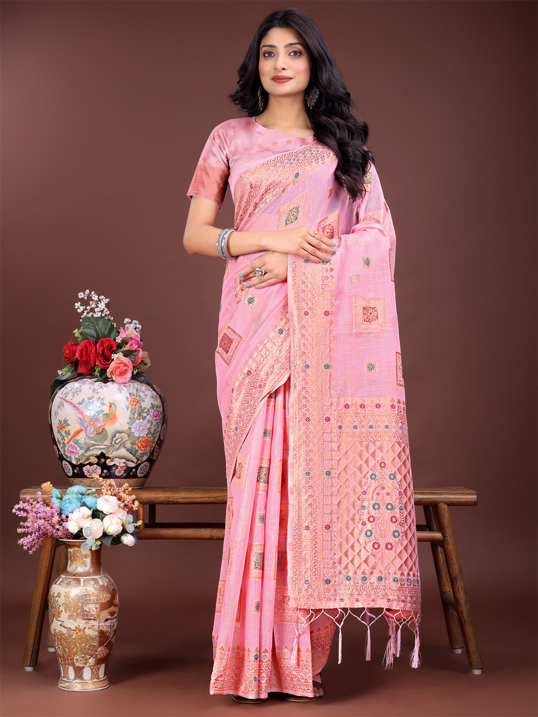 Astita Elegant Light Pink Linen Saree with Intricate Woven Patterns - Lightweight Grace for Everyday and Festive Moments - Distacart