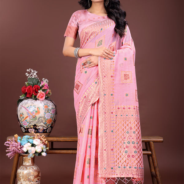 Astita Elegant Light Pink Linen Saree with Intricate Woven Patterns - Lightweight Grace for Everyday and Festive Moments - Distacart