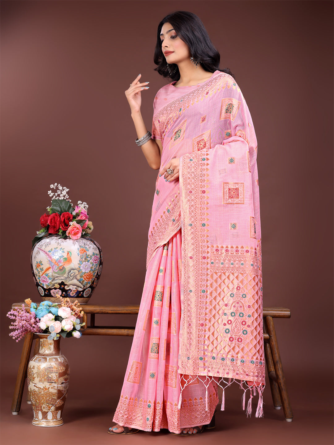 Astita Elegant Light Pink Linen Saree with Intricate Woven Patterns - Lightweight Grace for Everyday and Festive Moments - Distacart