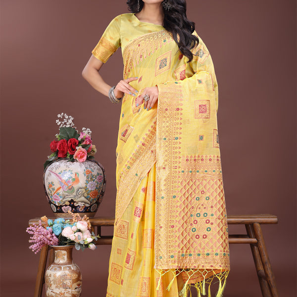 Astita Elegant Yellow Linen Saree with Intricate Woven Patterns - Lightweight Grace for Everyday and Festive Moments - Distacart