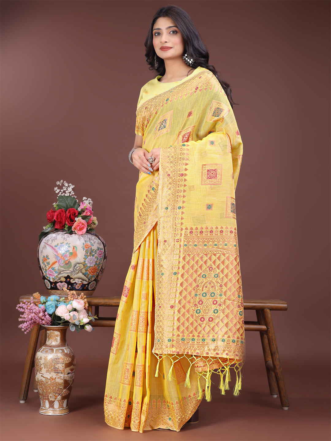Astita Elegant Yellow Linen Saree with Intricate Woven Patterns - Lightweight Grace for Everyday and Festive Moments - Distacart