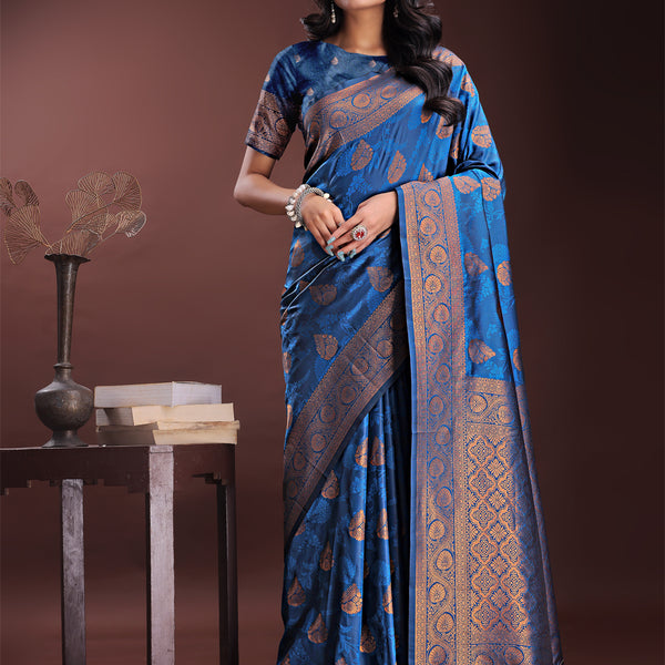 Astita Majestic Royal Blue Banarasi Silk Saree with Golden Zari - Timeless Indian Ethnic Elegance for Weddings & Festive Occasions - Distacart