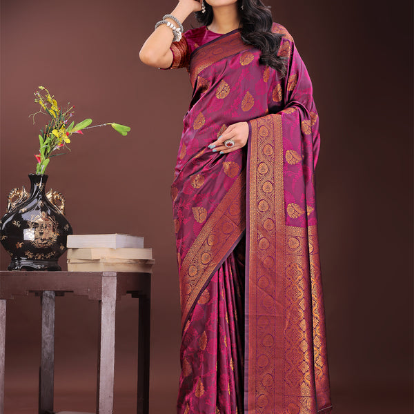 Astita Majestic Purple Banarasi Silk Saree with Golden Zari - Timeless Indian Ethnic Elegance for Weddings & Festive Occasions - Distacart
