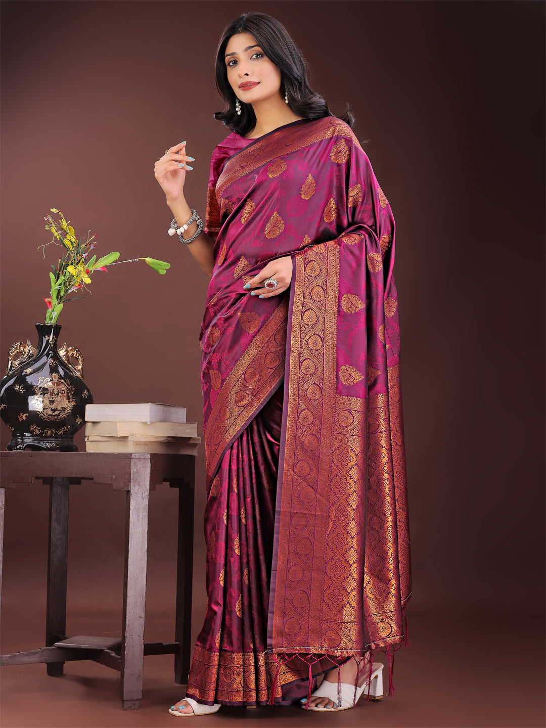 Astita Majestic Purple Banarasi Silk Saree with Golden Zari - Timeless Indian Ethnic Elegance for Weddings & Festive Occasions - Distacart