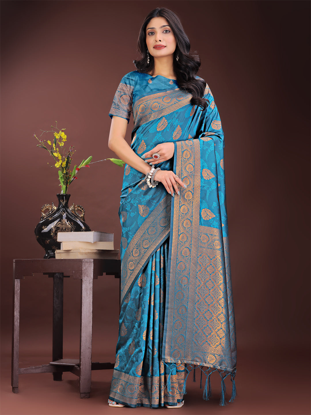 Astita Majestic Teal Banarasi Silk Saree with Golden Zari - Timeless Indian Ethnic Elegance for Weddings & Festive Occasions - Distacart