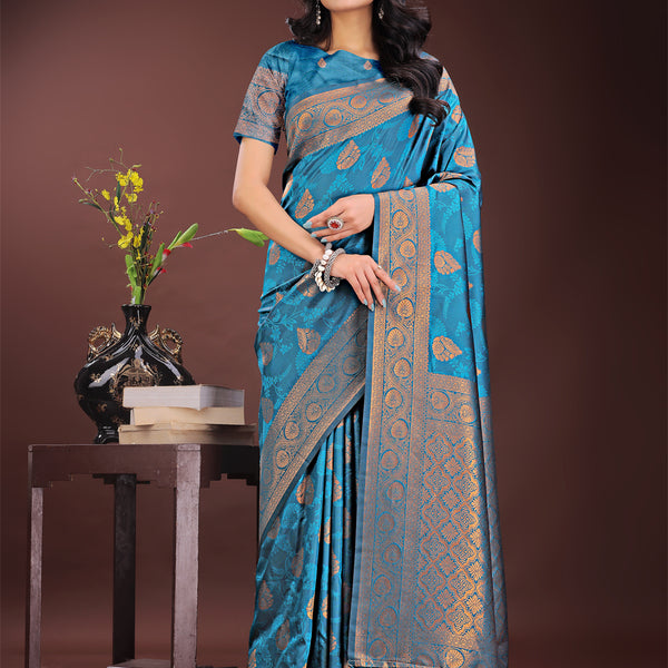 Astita Majestic Teal Banarasi Silk Saree with Golden Zari - Timeless Indian Ethnic Elegance for Weddings & Festive Occasions - Distacart