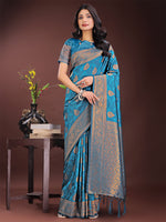 Thumbnail for Astita Majestic Teal Banarasi Silk Saree with Golden Zari - Timeless Indian Ethnic Elegance for Weddings & Festive Occasions - Distacart