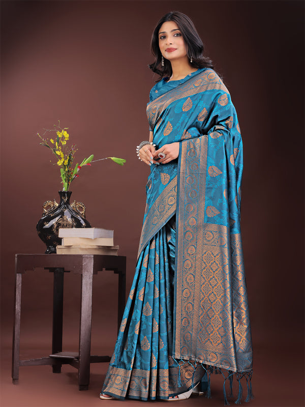 Astita Majestic Teal Banarasi Silk Saree with Golden Zari - Timeless Indian Ethnic Elegance for Weddings & Festive Occasions - Distacart