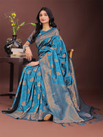 Thumbnail for Astita Majestic Teal Banarasi Silk Saree with Golden Zari - Timeless Indian Ethnic Elegance for Weddings & Festive Occasions - Distacart